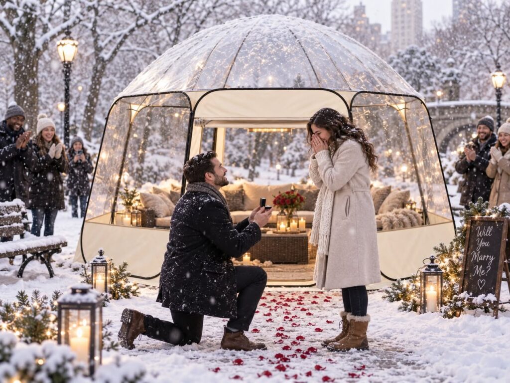 All-weather clear tent prepared for a winter proposal