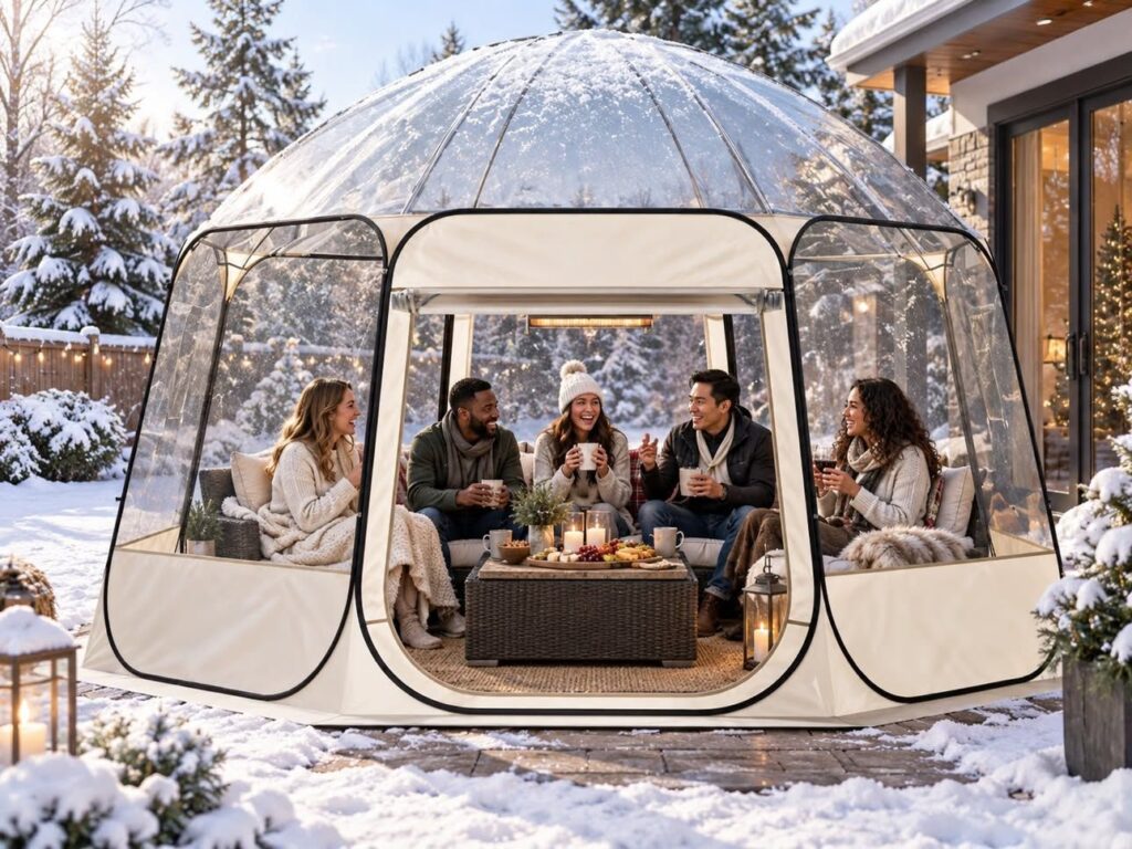 Friends gathering inside an all-weather tent in winter