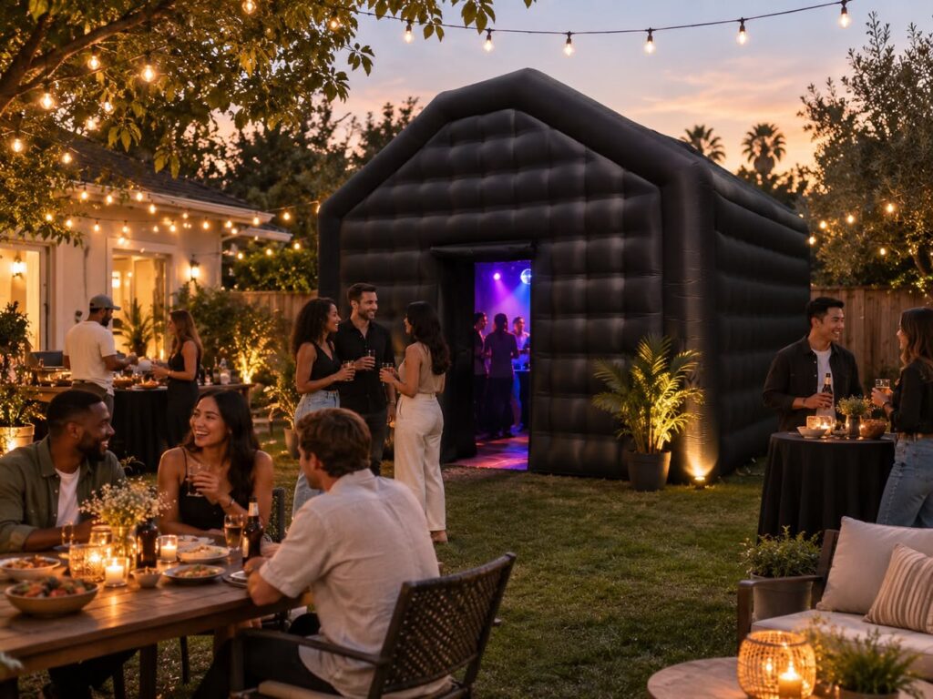 Blackout party tent at an outdoor event