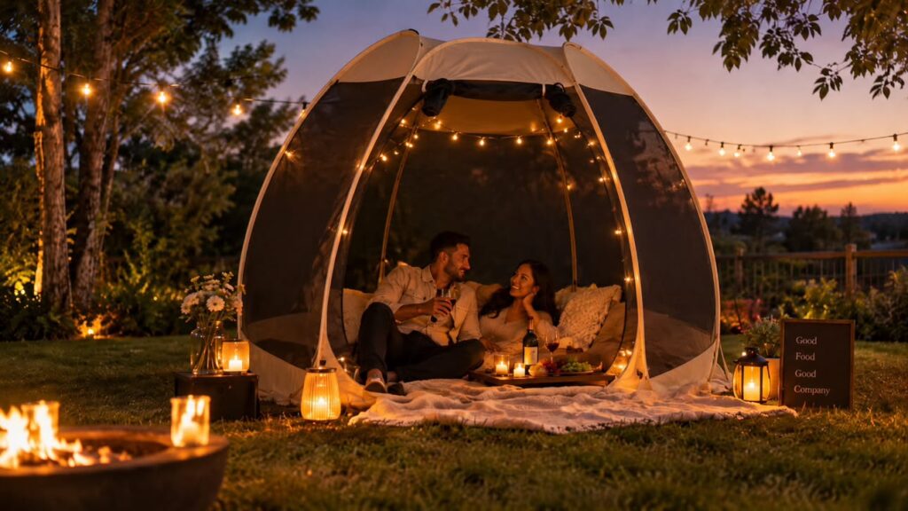 Pop-up date night tent at sunset