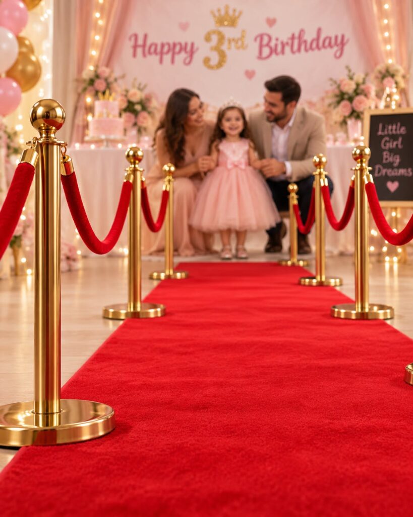 Red carpet and gold stanchions for a birthday celebration